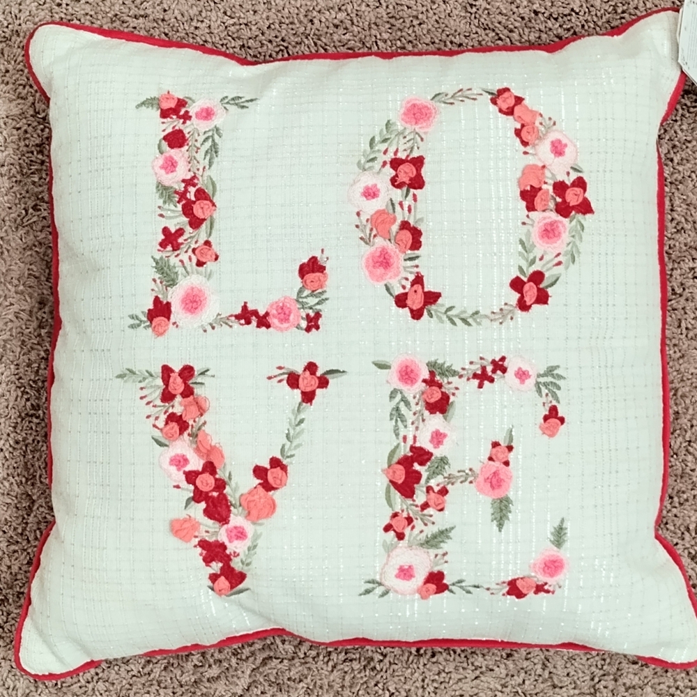 Décor Throw Pillow LOVE embroidered Pink Red Floral Valentines Day NWT